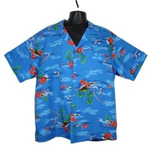 Shoreline Hawaii 80s Vintage Hawaiian Aloha Camp Shirt Mens L-XL Hibiscus Sail